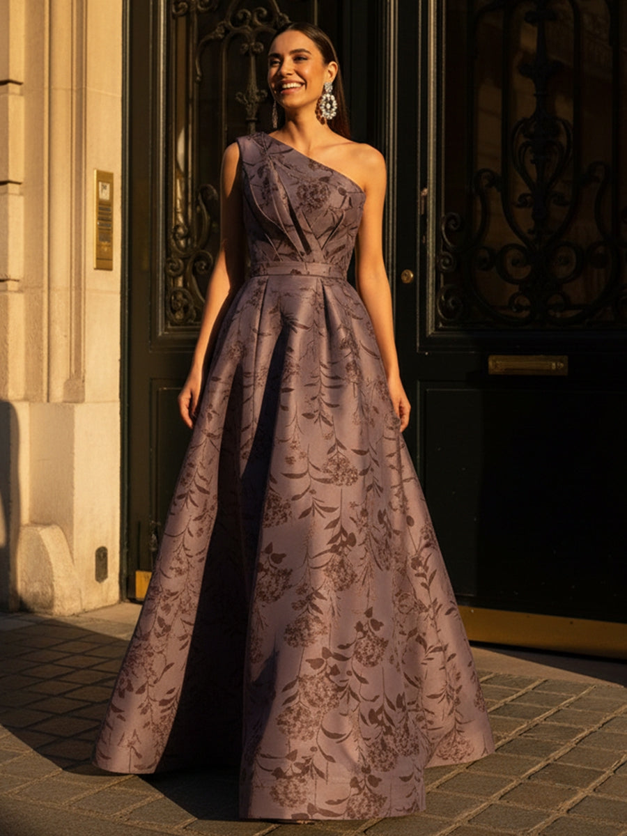A-Line Satin Floral Print One Shoulder Mother of the Bride Dresses Floor-Length Ball Gown (SHI22500290)
