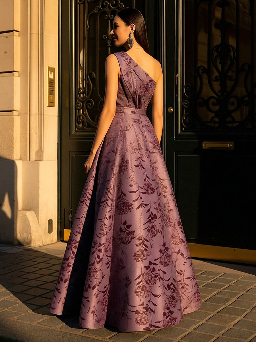 A-Line Satin Floral Print One Shoulder Mother of the Bride Dresses Floor-Length Ball Gown (SHI22500290)