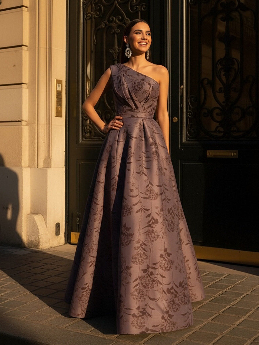 A-Line Satin Floral Print One Shoulder Mother of the Bride Dresses Floor-Length Ball Gown (SHI22500290)