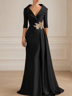 A-Line Satin V-Neck 3/4 Sleeve Mother of the Bride Dresses Floor-Length Ball Gown with Applique (SHI22500294)