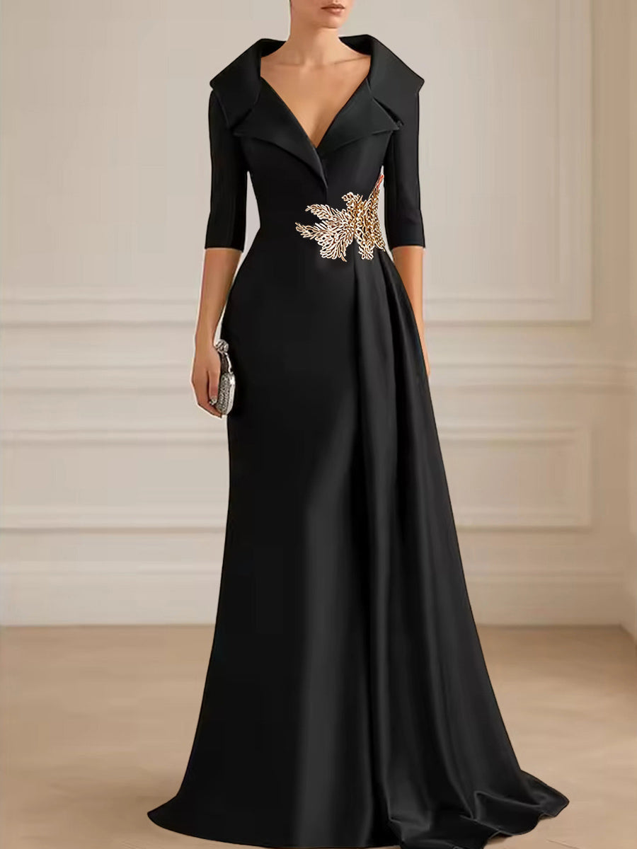 A-Line Satin V-Neck 3/4 Sleeve Mother of the Bride Dresses Floor-Length Ball Gown with Applique (SHI22500294)