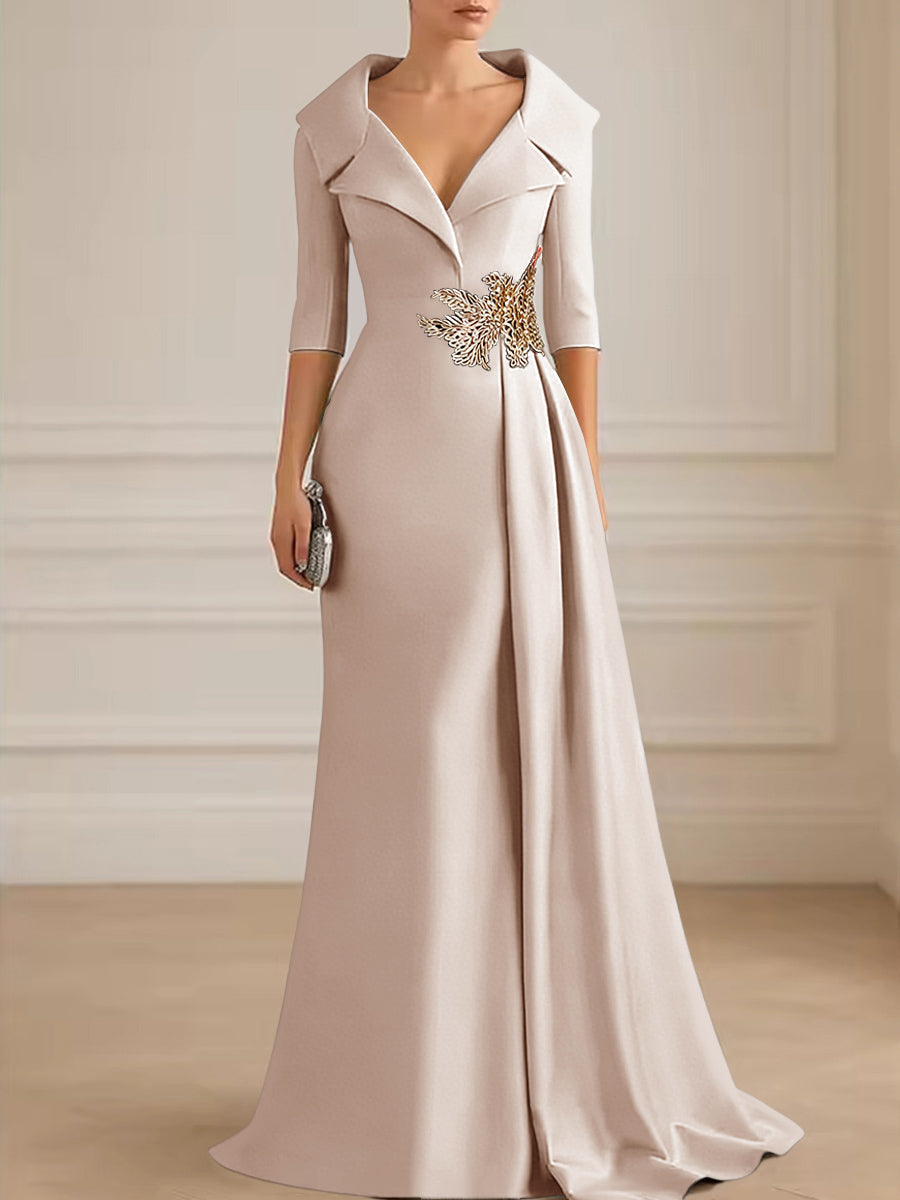A-Line Satin V-Neck 3/4 Sleeve Mother of the Bride Dresses Floor-Length Ball Gown with Applique (SHI22500294)