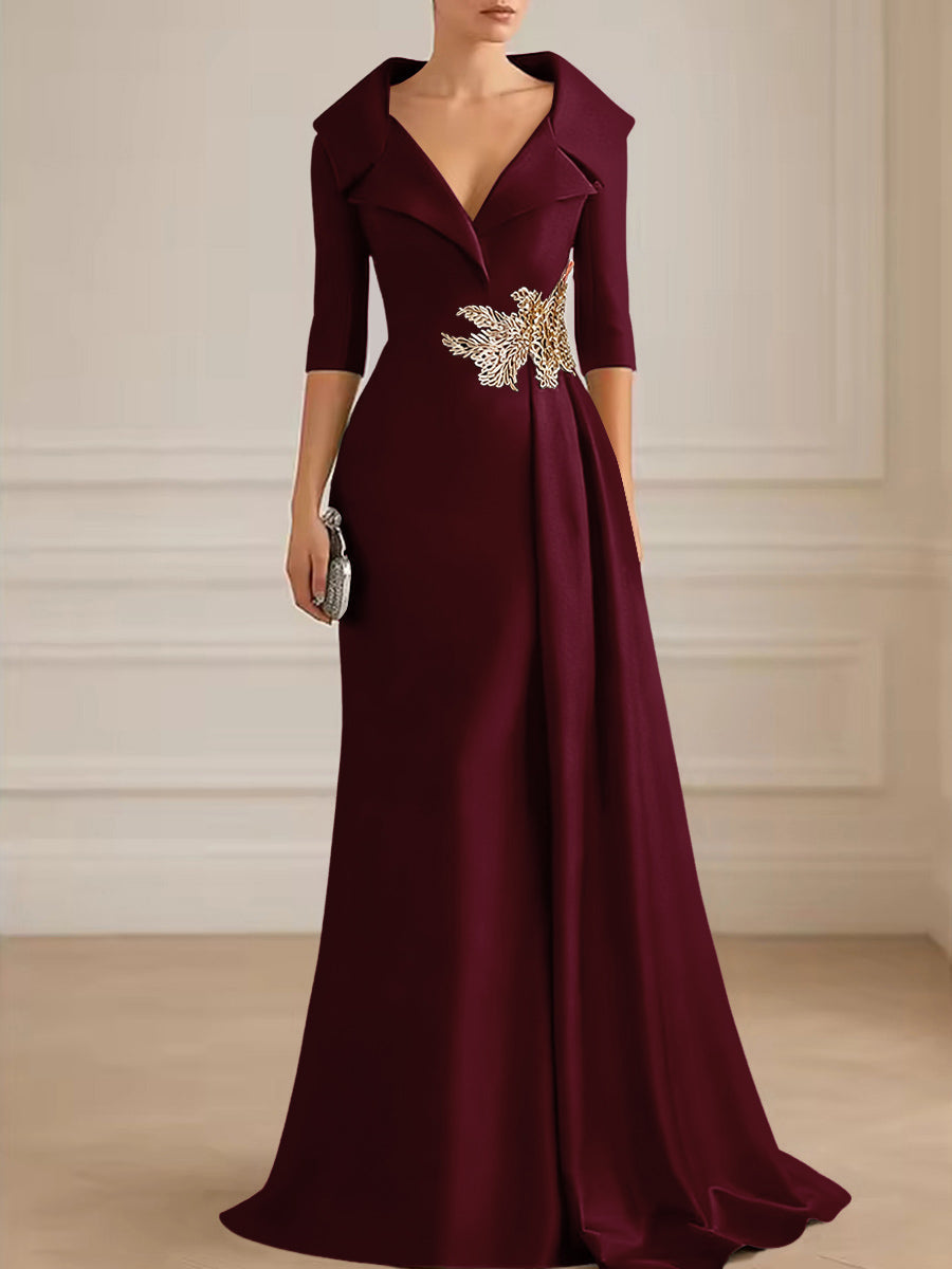 A-Line Satin V-Neck 3/4 Sleeve Mother of the Bride Dresses Floor-Length Ball Gown with Applique (SHI22500294)