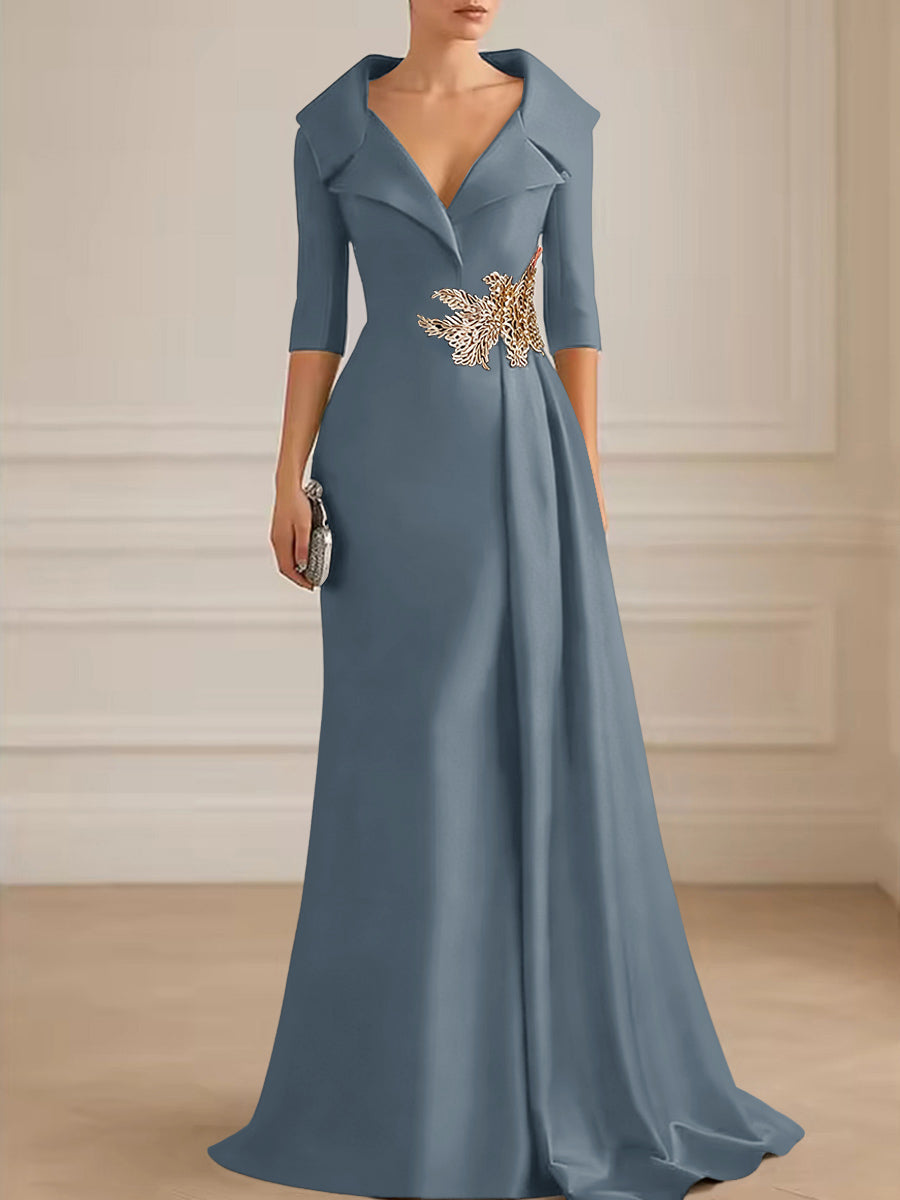 A-Line Satin V-Neck 3/4 Sleeve Mother of the Bride Dresses Floor-Length Ball Gown with Applique (SHI22500294)