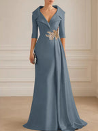 A-Line Satin V-Neck 3/4 Sleeve Mother of the Bride Dresses Floor-Length Ball Gown with Applique (SHI22500294)