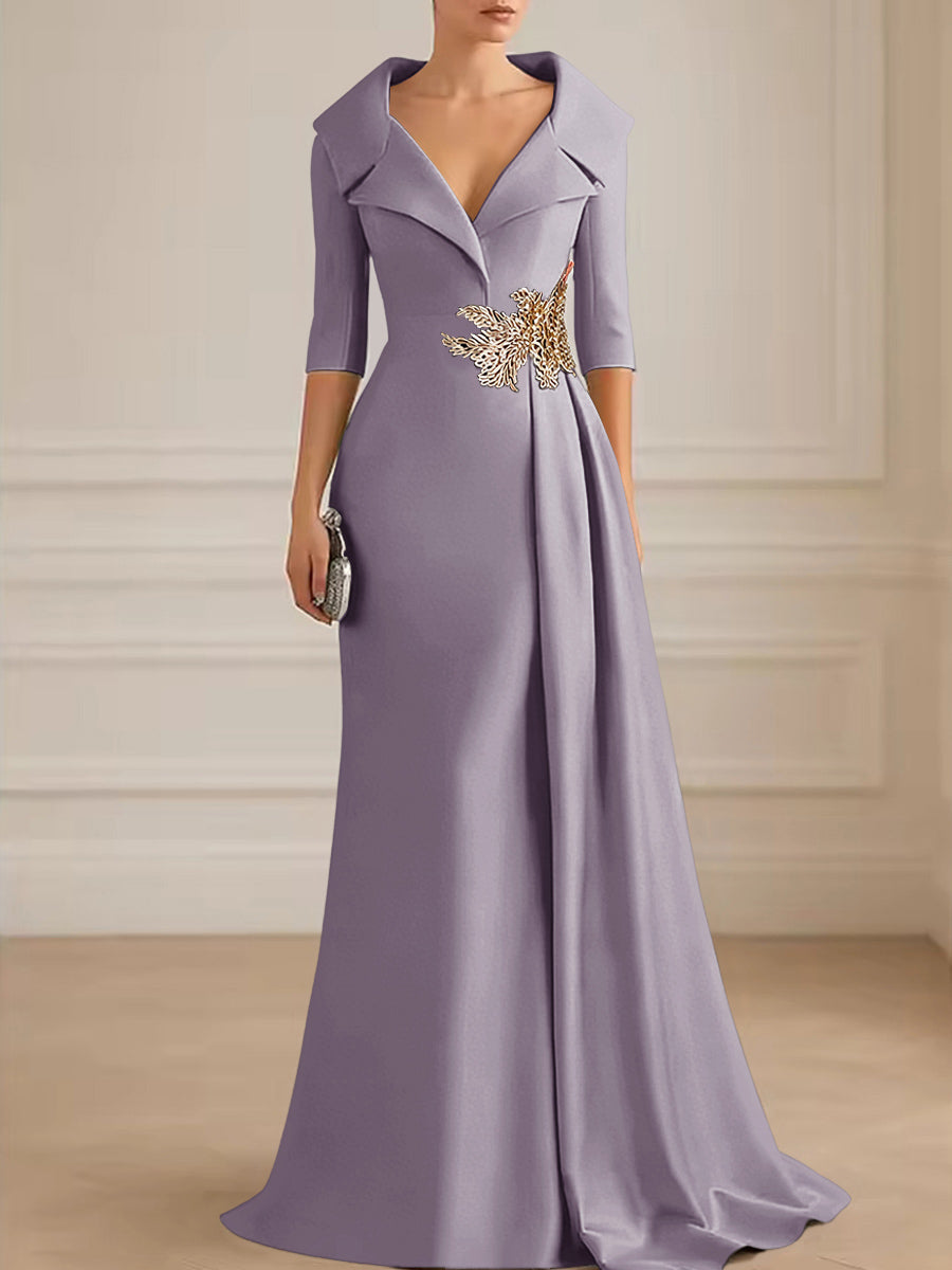 A-Line Satin V-Neck 3/4 Sleeve Mother of the Bride Dresses Floor-Length Ball Gown with Applique (SHI22500294)