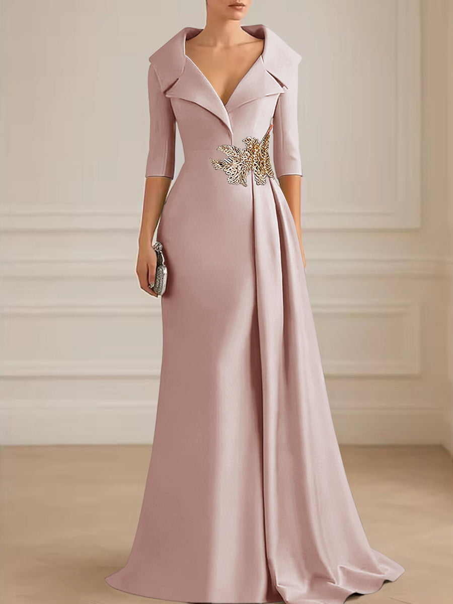 A-Line Satin V-Neck 3/4 Sleeve Mother of the Bride Dresses Floor-Length Ball Gown with Applique (SHI22500294)