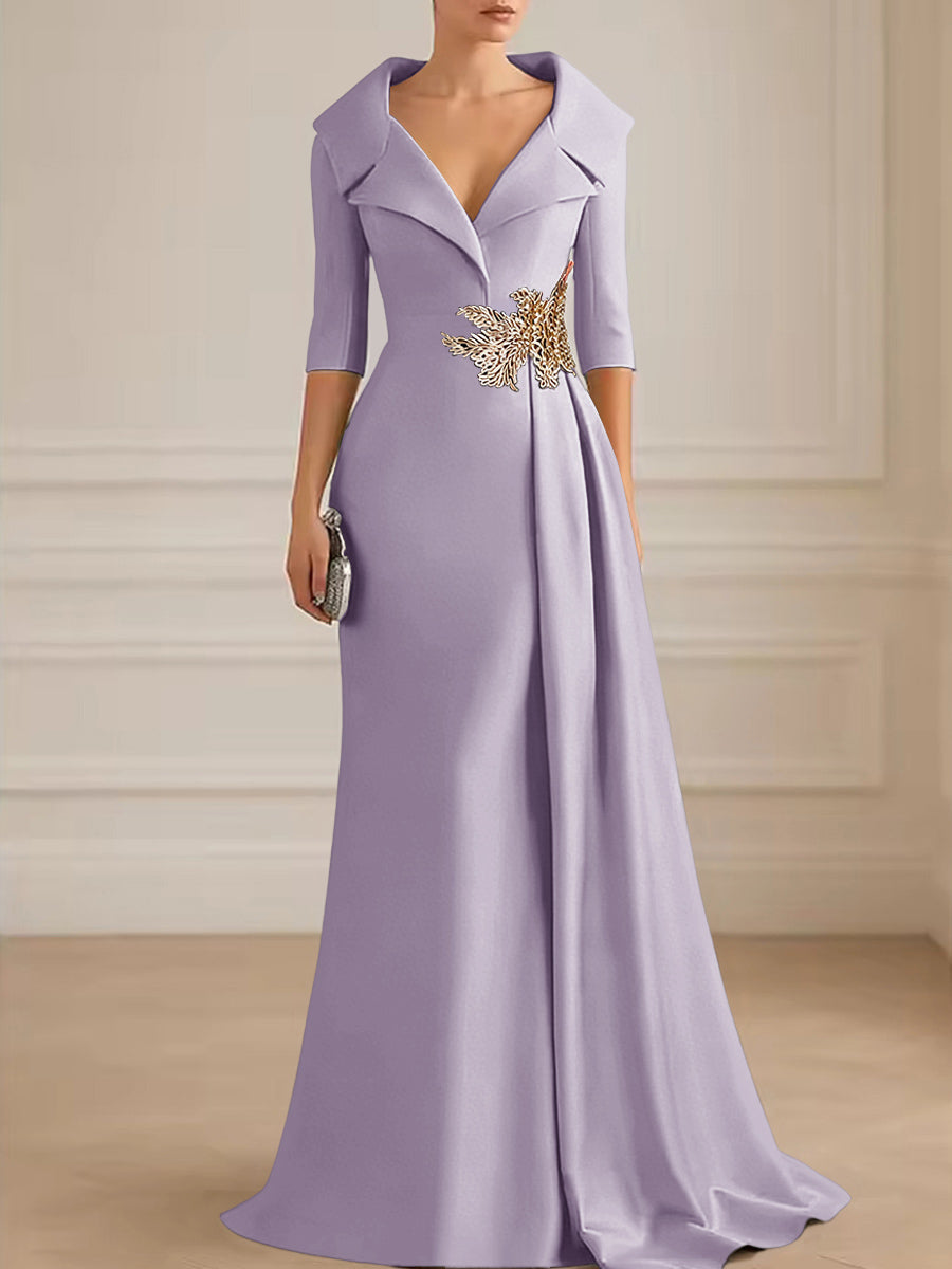A-Line Satin V-Neck 3/4 Sleeve Mother of the Bride Dresses Floor-Length Ball Gown with Applique (SHI22500294)