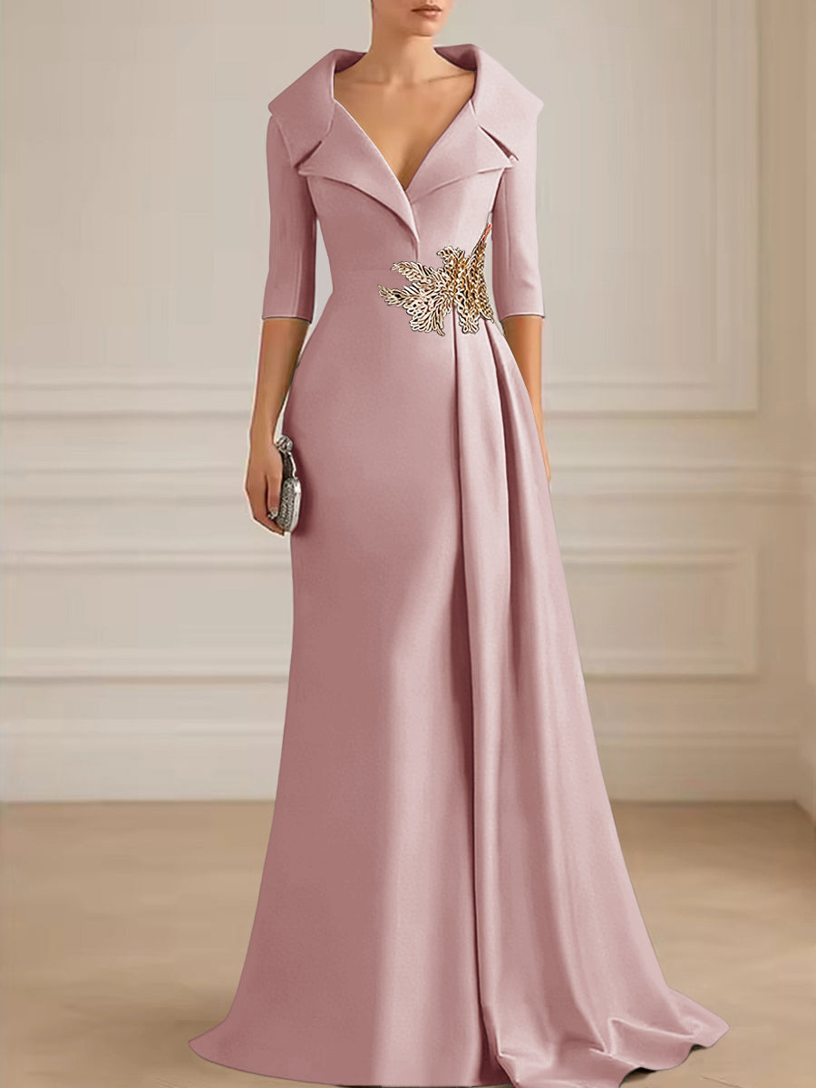A-Line Satin V-Neck 3/4 Sleeve Mother of the Bride Dresses Floor-Length Ball Gown with Applique (SHI22500294)