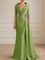 A-Line Satin V-Neck 3/4 Sleeve Mother of the Bride Dresses Floor-Length Ball Gown with Applique (SHI22500294)