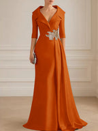 A-Line Satin V-Neck 3/4 Sleeve Mother of the Bride Dresses Floor-Length Ball Gown with Applique (SHI22500294)