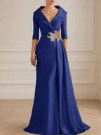 A-Line Satin V-Neck 3/4 Sleeve Mother of the Bride Dresses Floor-Length Ball Gown with Applique (SHI22500294)