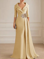 A-Line Satin V-Neck 3/4 Sleeve Mother of the Bride Dresses Floor-Length Ball Gown with Applique (SHI22500294)