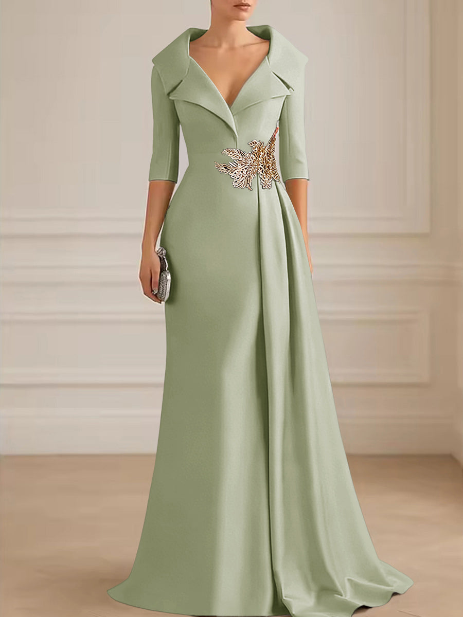A-Line Satin V-Neck 3/4 Sleeve Mother of the Bride Dresses Floor-Length Ball Gown with Applique (SHI22500294)