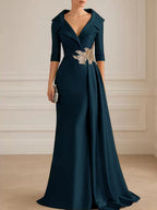 A-Line Satin V-Neck 3/4 Sleeve Mother of the Bride Dresses Floor-Length Ball Gown with Applique (SHI22500294)