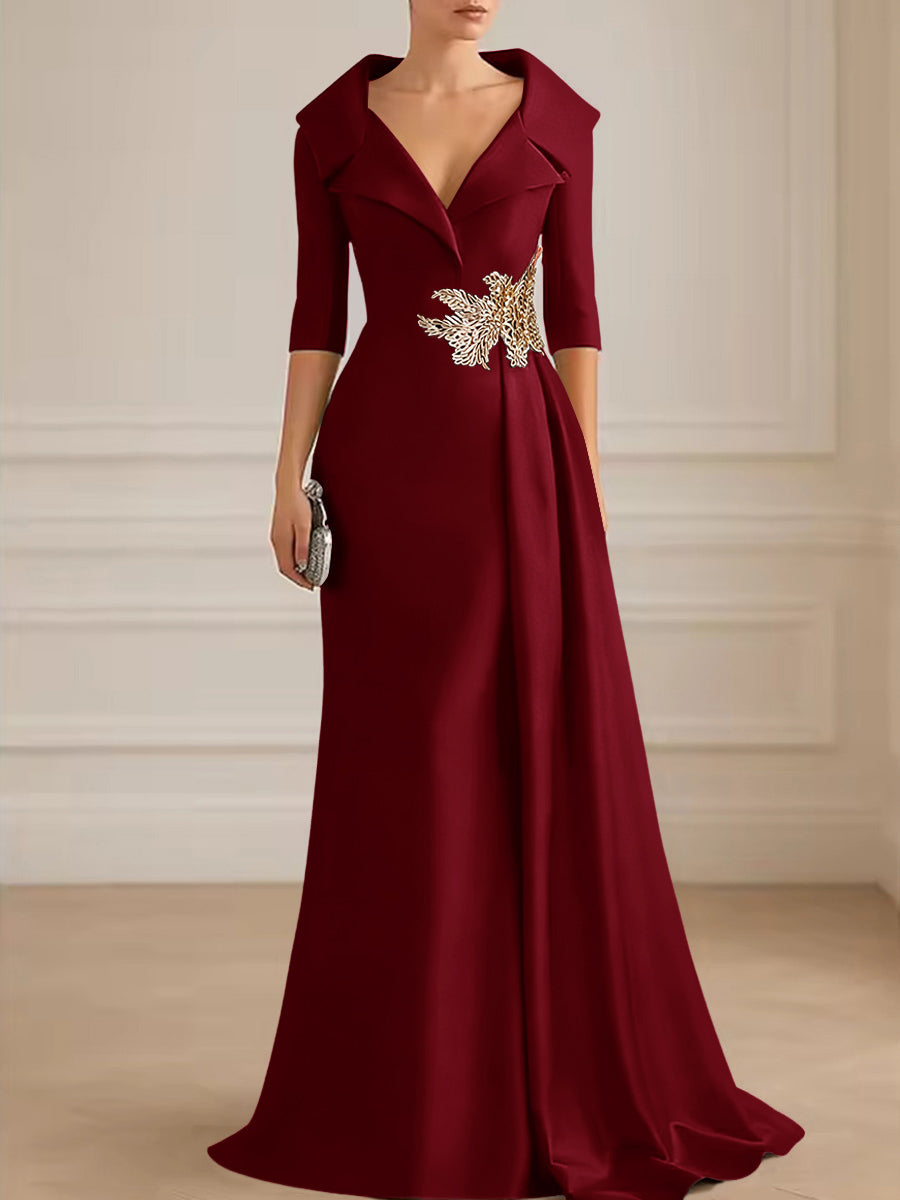 A-Line Satin V-Neck 3/4 Sleeve Mother of the Bride Dresses Floor-Length Ball Gown with Applique (SHI22500294)