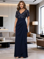 A-Line Chiffon V-Neck Short Sleeve Mother of the Bride Dresses Floor-Length with Sequin Appliques (SHI22500297)