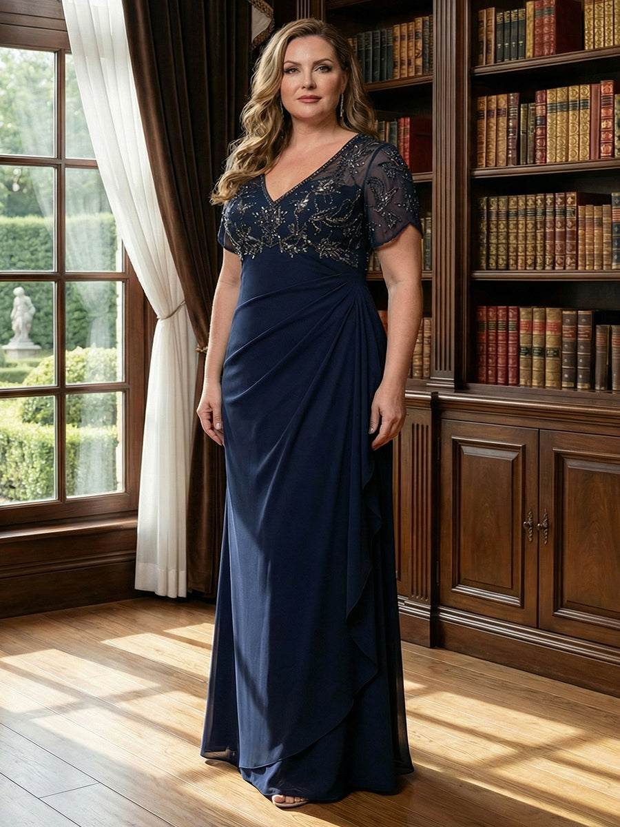 A-Line Chiffon V-Neck Short Sleeve Mother of the Bride Dresses Floor-Length with Sequin Appliques (SHI22500297)