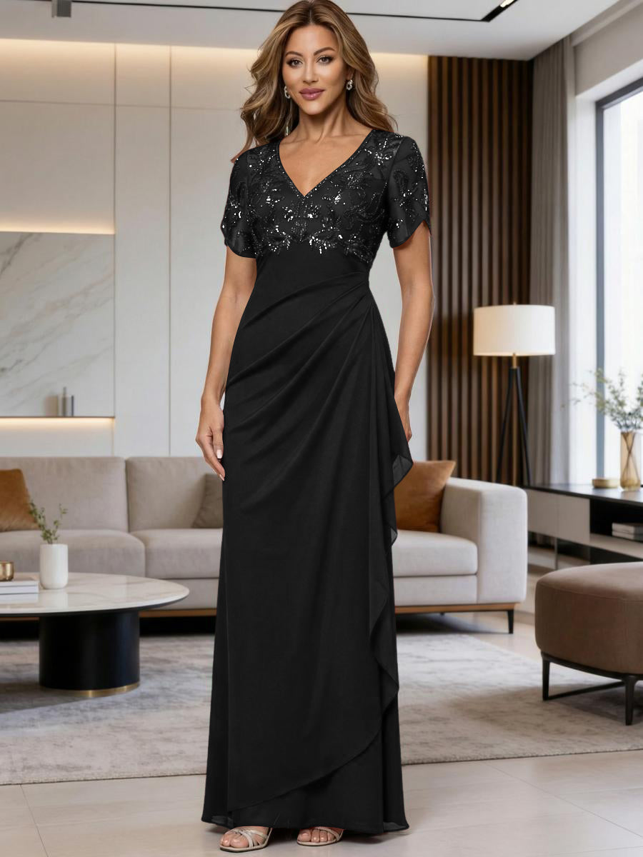 A-Line Chiffon V-Neck Short Sleeve Mother of the Bride Dresses Floor-Length with Sequin Appliques (SHI22500297)