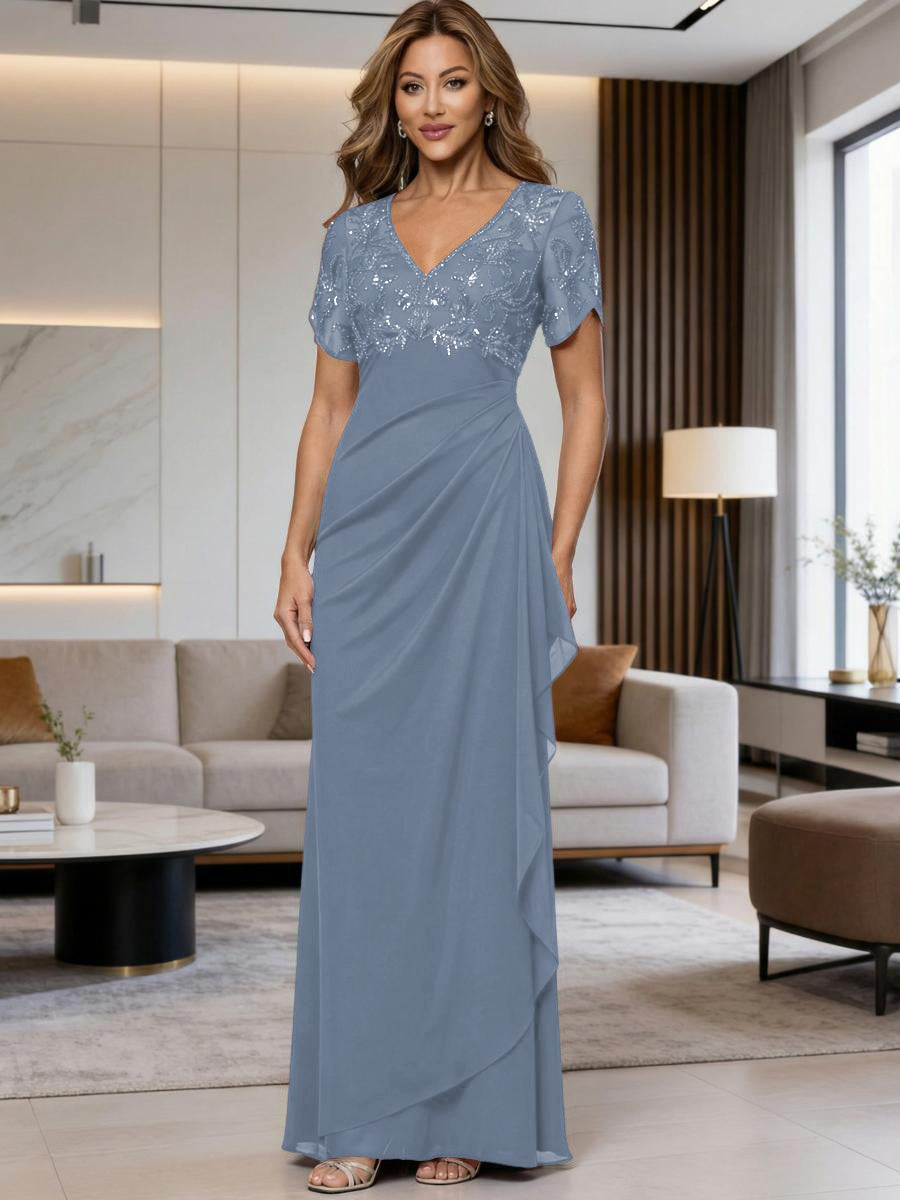 A-Line Chiffon V-Neck Short Sleeve Mother of the Bride Dresses Floor-Length with Sequin Appliques (SHI22500297)