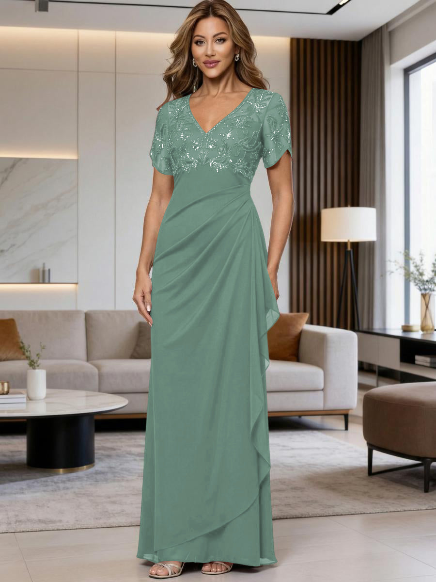 A-Line Chiffon V-Neck Short Sleeve Mother of the Bride Dresses Floor-Length with Sequin Appliques (SHI22500297)