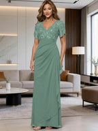 A-Line Chiffon V-Neck Short Sleeve Mother of the Bride Dresses Floor-Length with Sequin Appliques (SHI22500297)