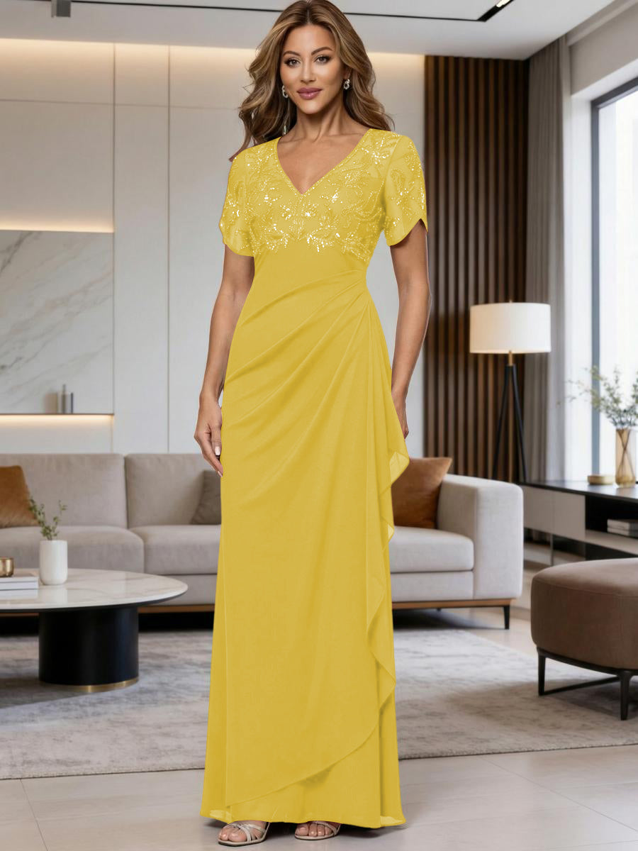 A-Line Chiffon V-Neck Short Sleeve Mother of the Bride Dresses Floor-Length with Sequin Appliques (SHI22500297)