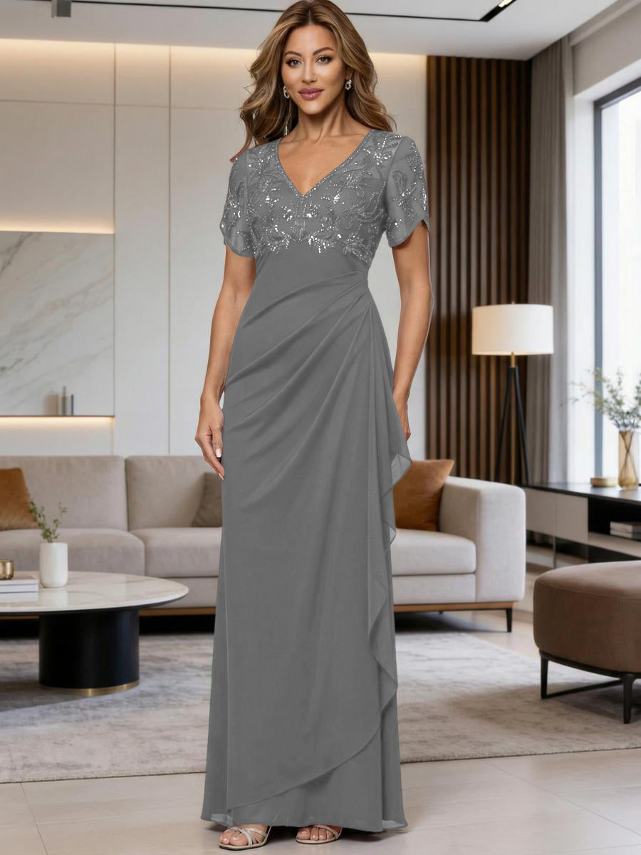 A-Line Chiffon V-Neck Short Sleeve Mother of the Bride Dresses Floor-Length with Sequin Appliques (SHI22500297)