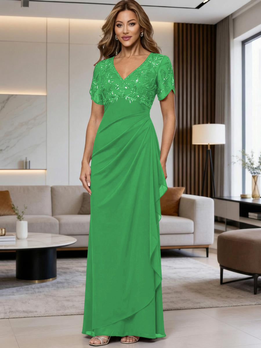 A-Line Chiffon V-Neck Short Sleeve Mother of the Bride Dresses Floor-Length with Sequin Appliques (SHI22500297)