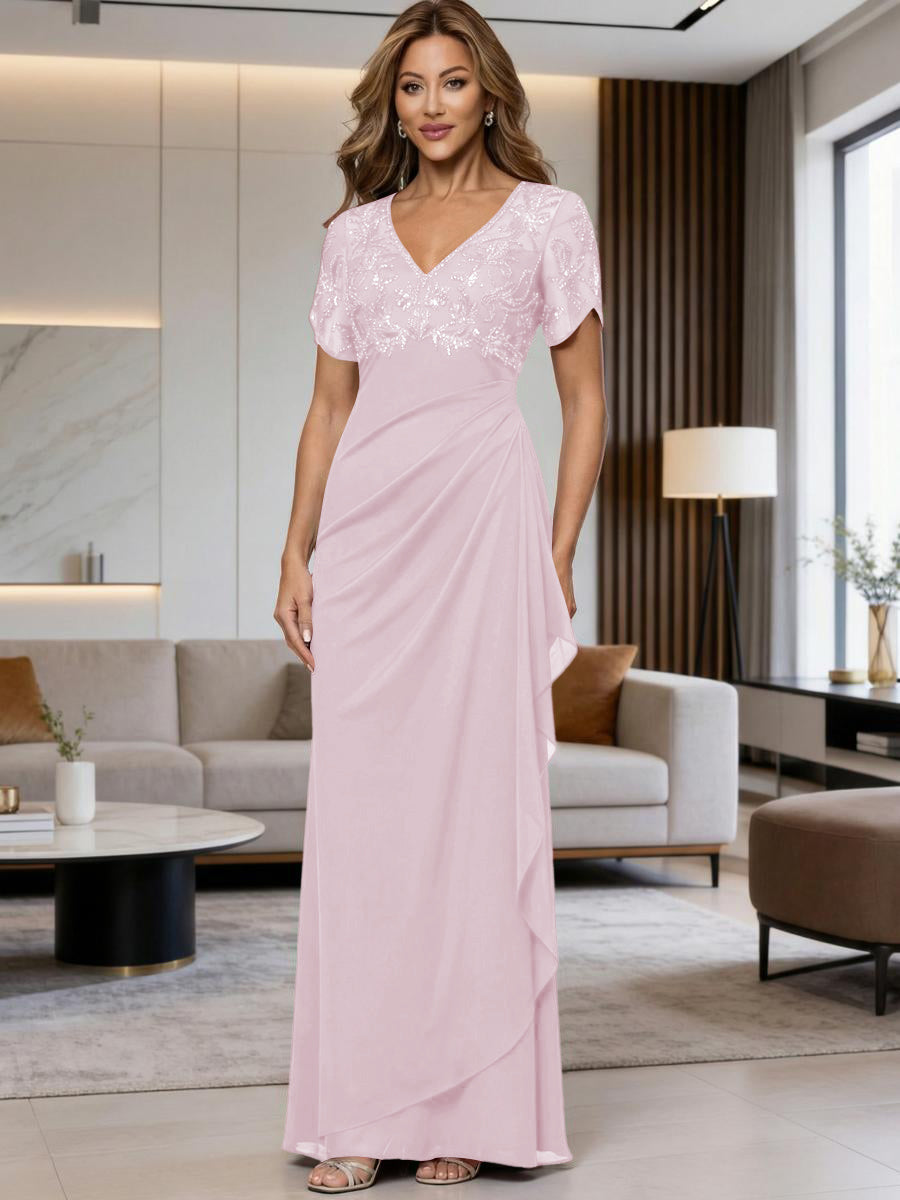 A-Line Chiffon V-Neck Short Sleeve Mother of the Bride Dresses Floor-Length with Sequin Appliques (SHI22500297)