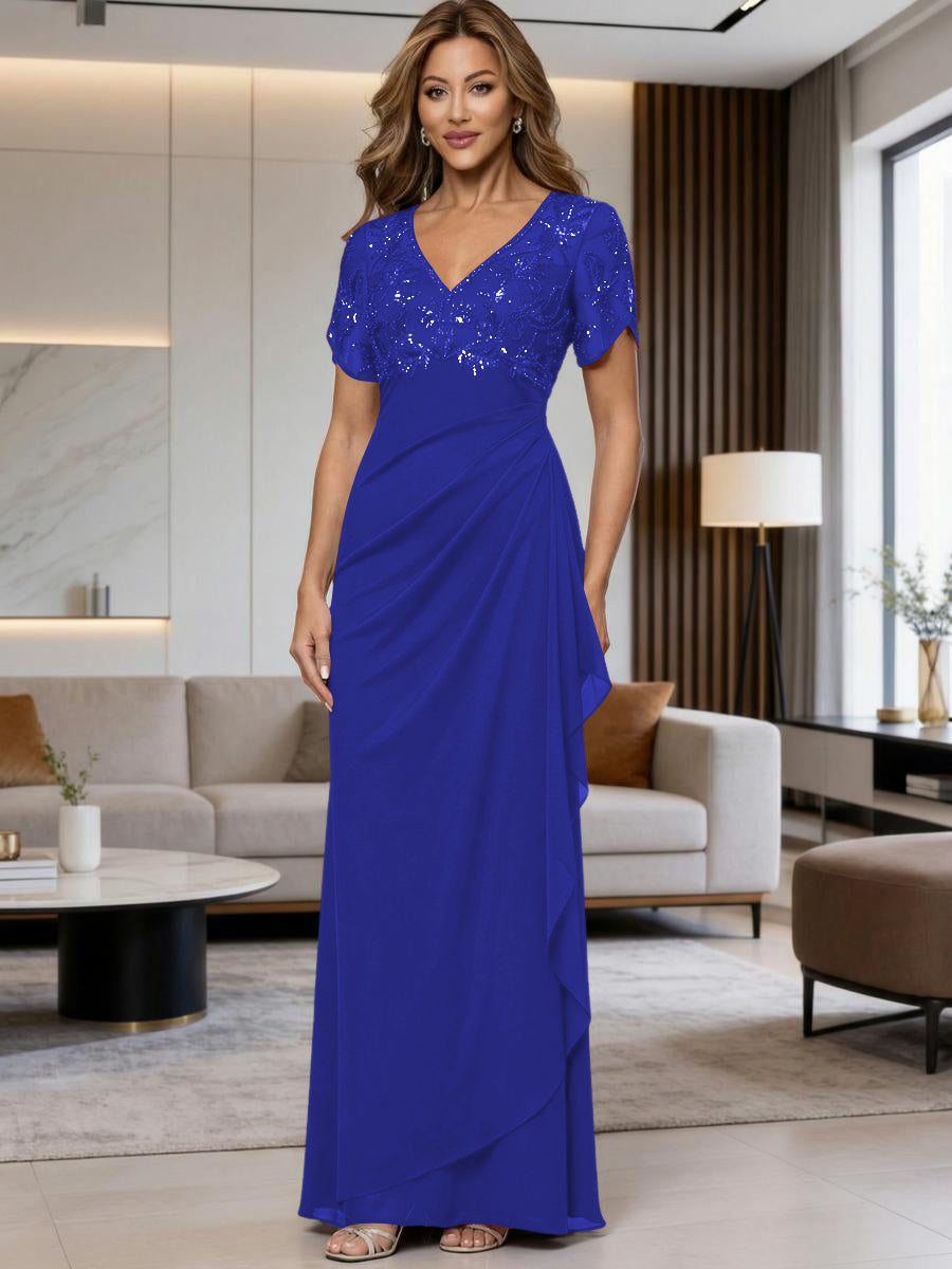 A-Line Chiffon V-Neck Short Sleeve Mother of the Bride Dresses Floor-Length with Sequin Appliques (SHI22500297)