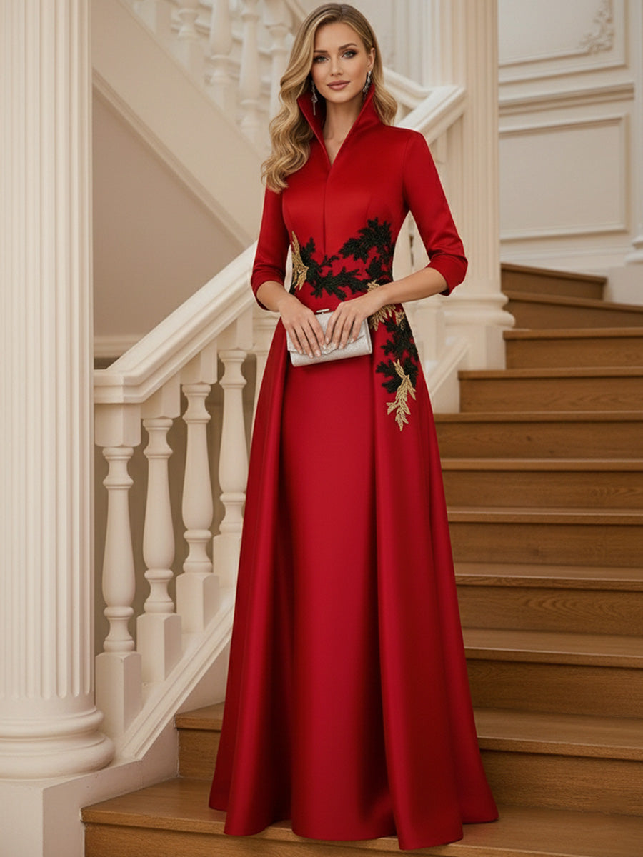 A Line 3/4 Sleeve Stand Collar with V-Neck Floor Length Mother of the Bride Dresses (SHI22500299)