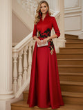 A Line 3/4 Sleeve Stand Collar with V-Neck Floor Length Mother of the Bride Dresses (SHI22500299)