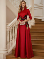 A Line 3/4 Sleeve Stand Collar with V-Neck Floor Length Mother of the Bride Dresses (SHI22500299)