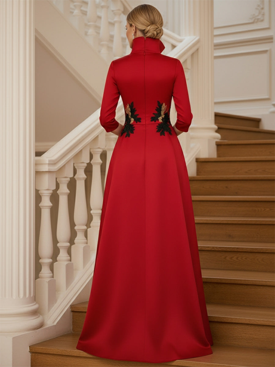 A Line 3/4 Sleeve Stand Collar with V-Neck Floor Length Mother of the Bride Dresses (SHI22500299)