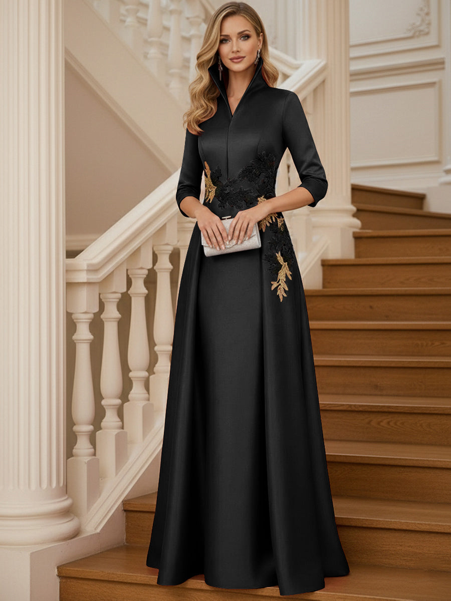 A Line 3/4 Sleeve Stand Collar with V-Neck Floor Length Mother of the Bride Dresses (SHI22500299)