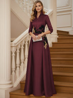 A Line 3/4 Sleeve Stand Collar with V-Neck Floor Length Mother of the Bride Dresses (SHI22500299)