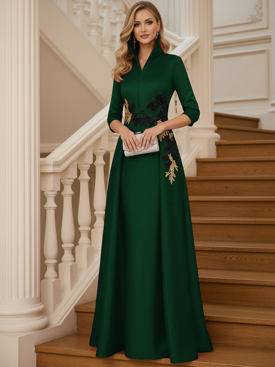 A Line 3/4 Sleeve Stand Collar with V-Neck Floor Length Mother of the Bride Dresses (SHI22500299)