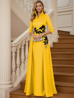 A Line 3/4 Sleeve Stand Collar with V-Neck Floor Length Mother of the Bride Dresses (SHI22500299)