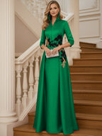 A Line 3/4 Sleeve Stand Collar with V-Neck Floor Length Mother of the Bride Dresses (SHI22500299)
