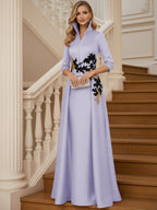 A Line 3/4 Sleeve Stand Collar with V-Neck Floor Length Mother of the Bride Dresses (SHI22500299)
