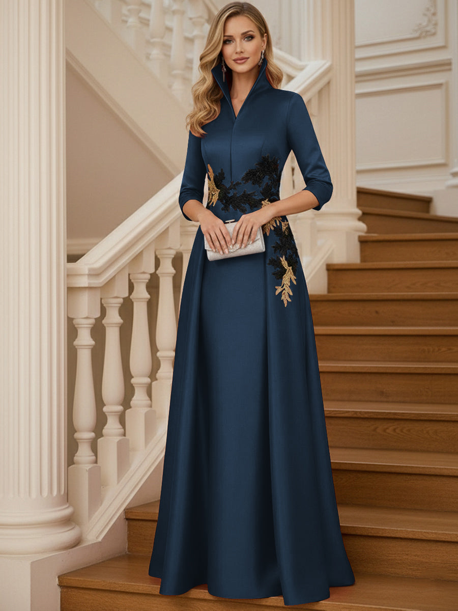 A Line 3/4 Sleeve Stand Collar with V-Neck Floor Length Mother of the Bride Dresses (SHI22500299)