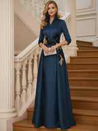 A Line 3/4 Sleeve Stand Collar with V-Neck Floor Length Mother of the Bride Dresses (SHI22500299)