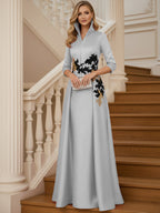 A Line 3/4 Sleeve Stand Collar with V-Neck Floor Length Mother of the Bride Dresses (SHI22500299)