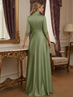 A Line 3/4 Sleeve Stand Collar with V-Neck Floor Length Mother of the Bride Dresses (SHI22500299)