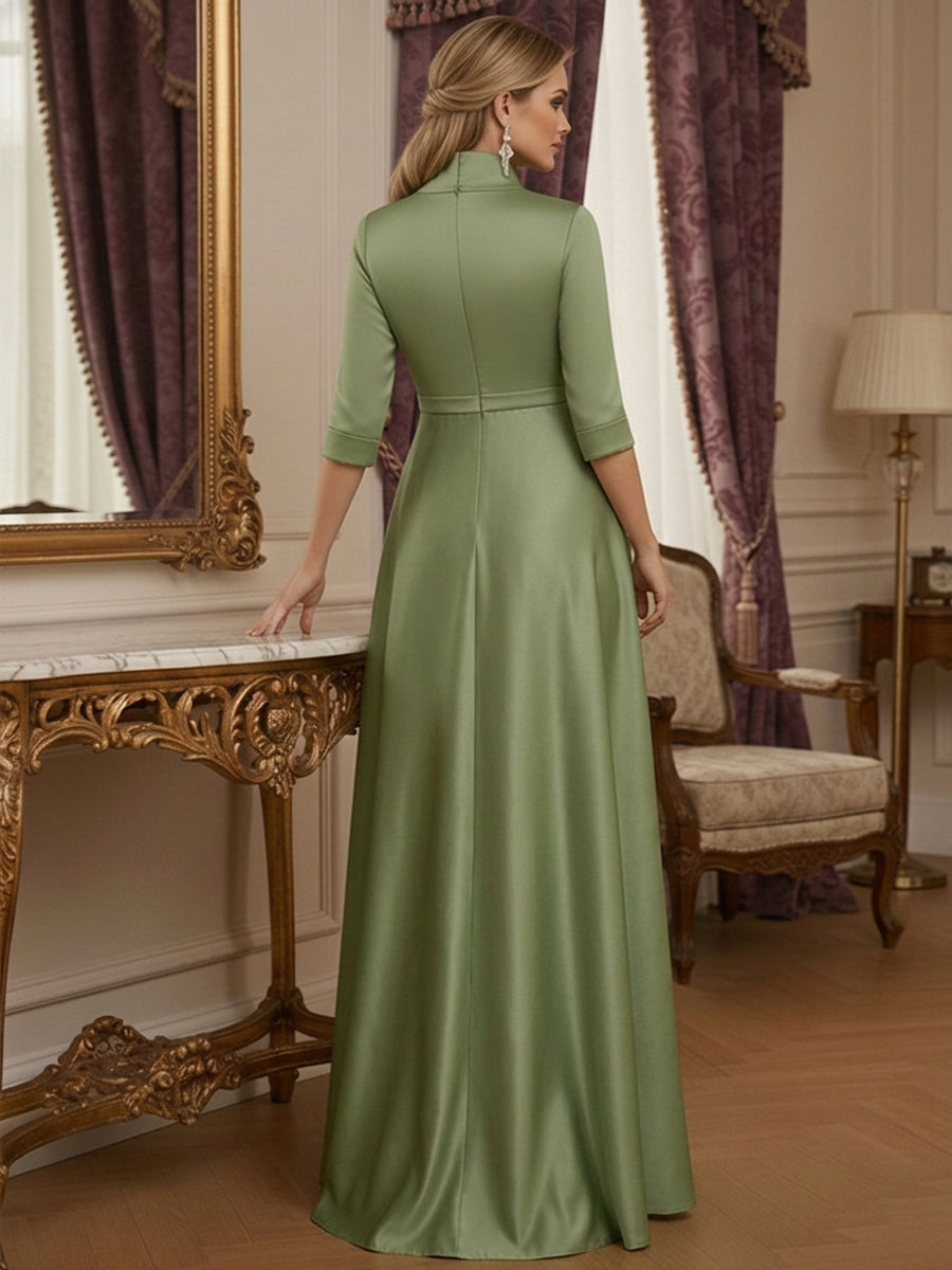 A Line 3/4 Sleeve Stand Collar with V-Neck Floor Length Mother of the Bride Dresses (SHI22500299)