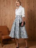 A Line V-Neck Stand Collar Half Sleeve Tea-Length Mother of the Bride Dresses with Jacquard (SHI22500307)