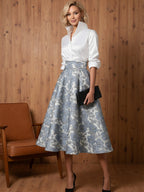 A Line V-Neck Stand Collar Half Sleeve Tea-Length Mother of the Bride Dresses with Jacquard (SHI22500307)