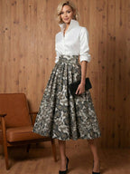 A Line V-Neck Stand Collar Half Sleeve Tea-Length Mother of the Bride Dresses with Jacquard (SHI22500307)