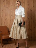 A Line V-Neck Stand Collar Half Sleeve Tea-Length Mother of the Bride Dresses with Jacquard (SHI22500307)